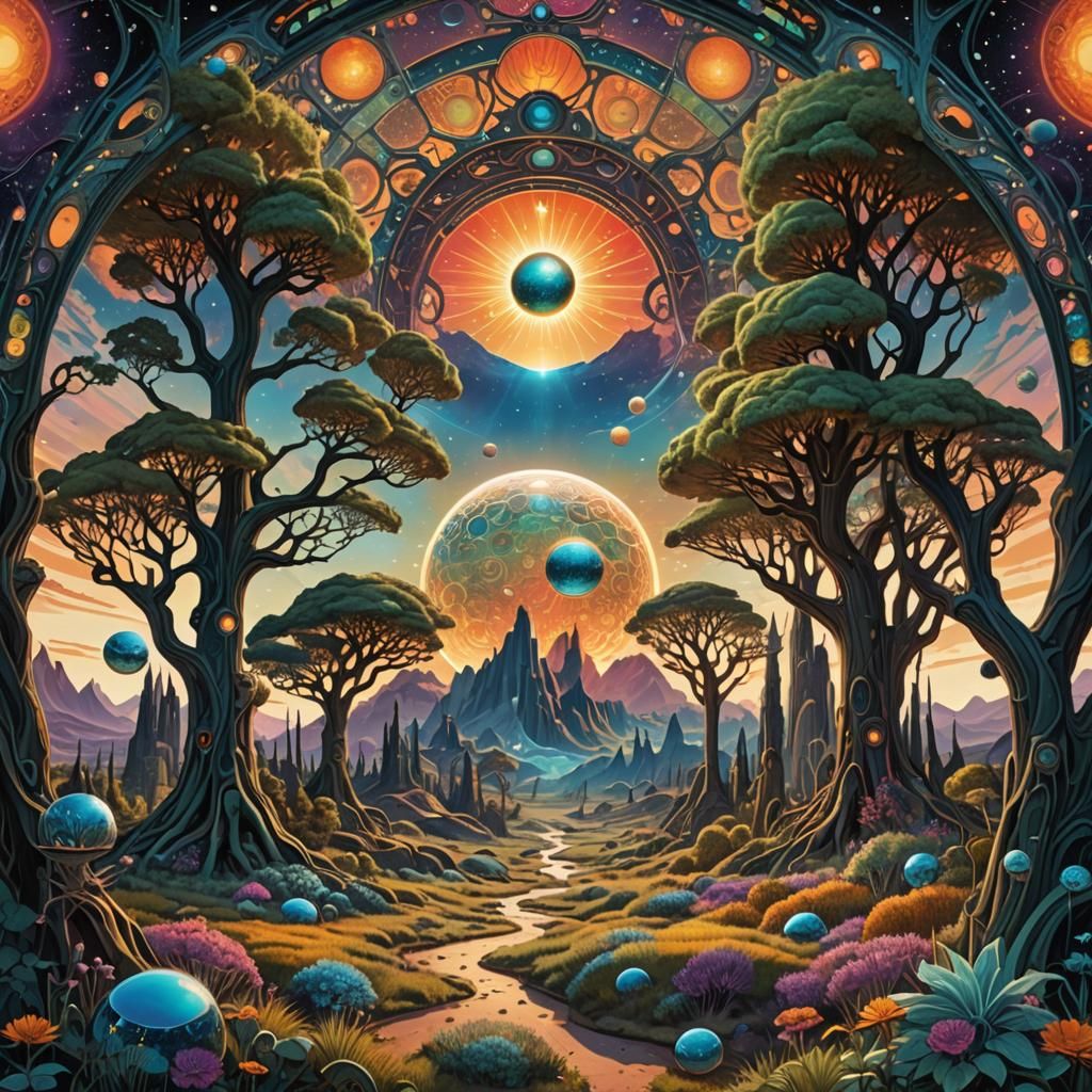 Psychedelic Art Nouveau Alien Landscape with Buckyball Trees