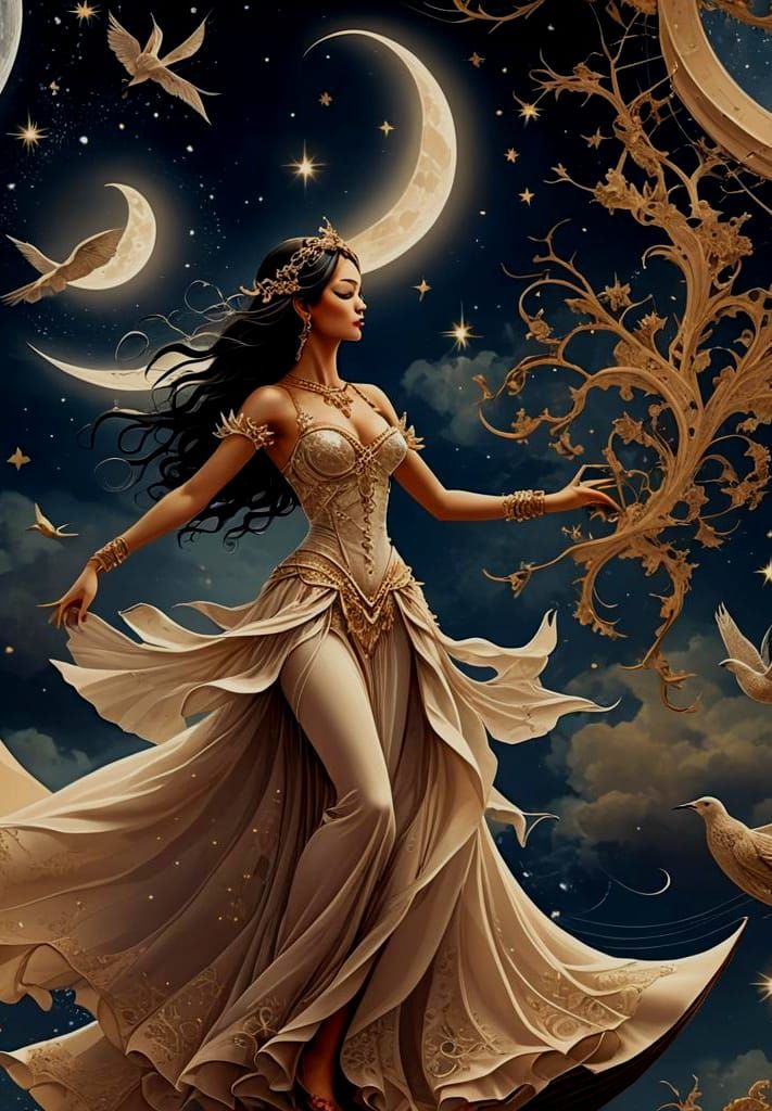 Fractal Elegance: Dancer, Moon, and Starlit Ship