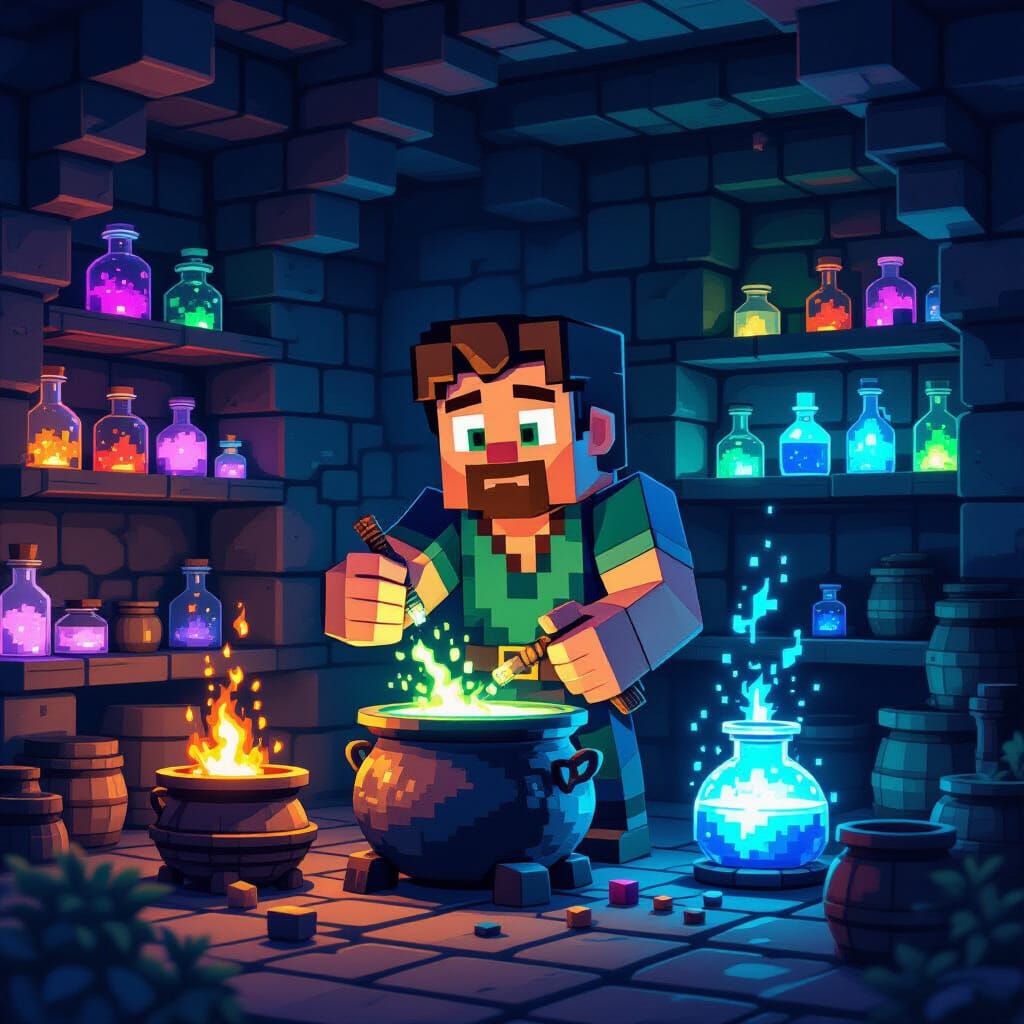 Minecraft Style Alchemist Brewing Potions in Dim Room