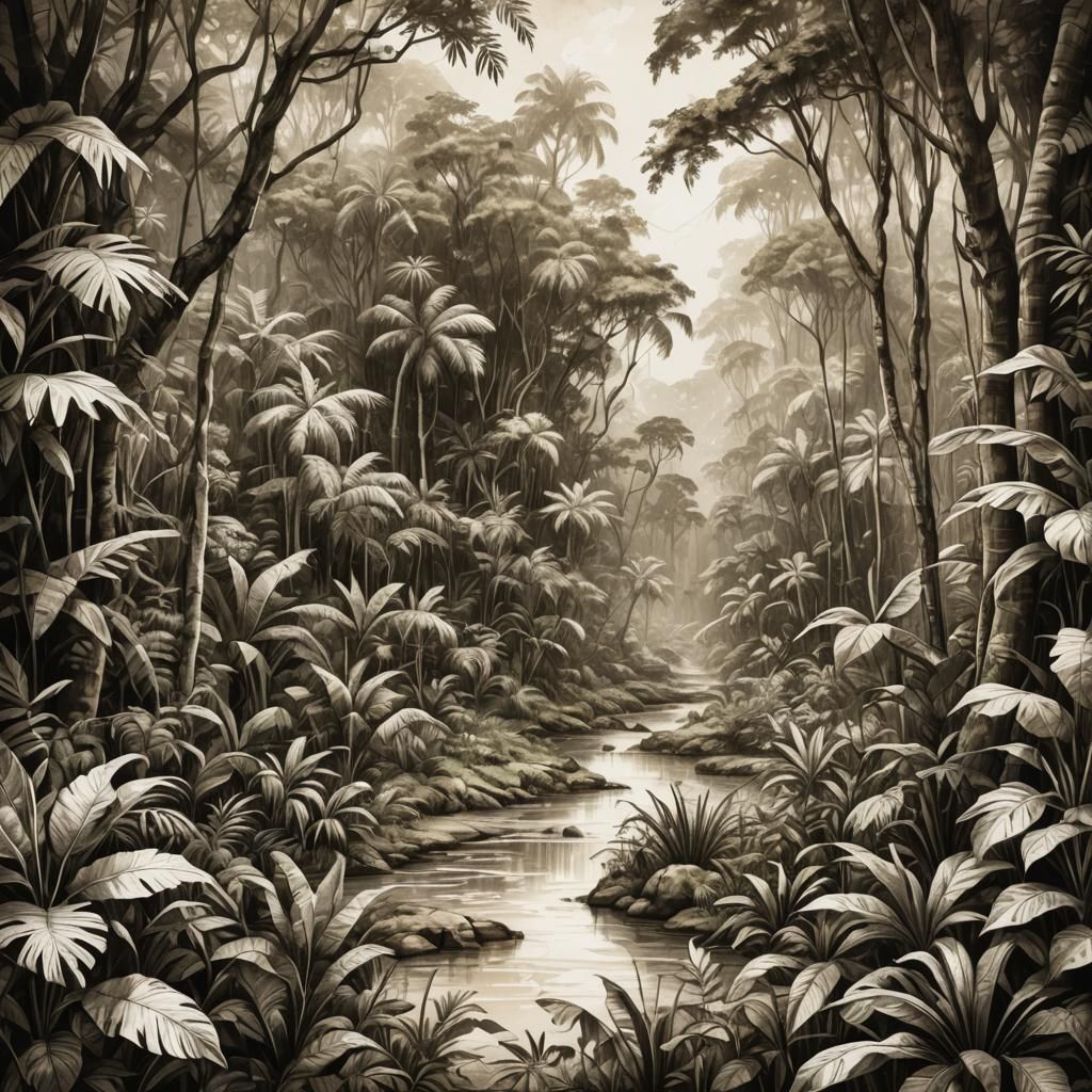 Jungle Landscape Sketch on Parchment Paper