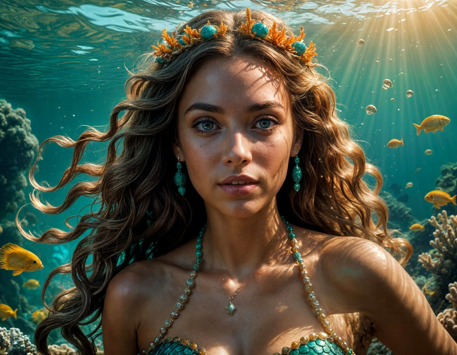 Mermaid in Turquoise Coral Reef: Photorealistic Portrait