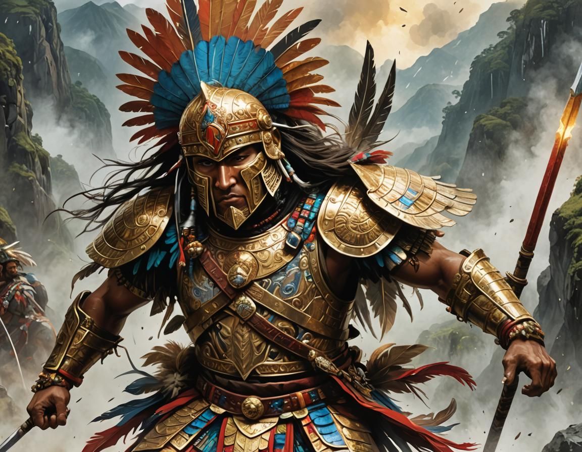 Inca Warrior's Charge: Comic Book Style Andean Battle