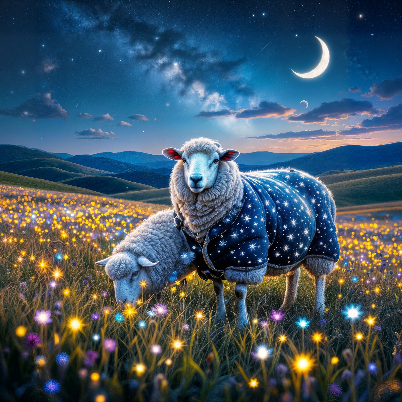 Starry Sheep Grazing in Bioluminescent Meadow