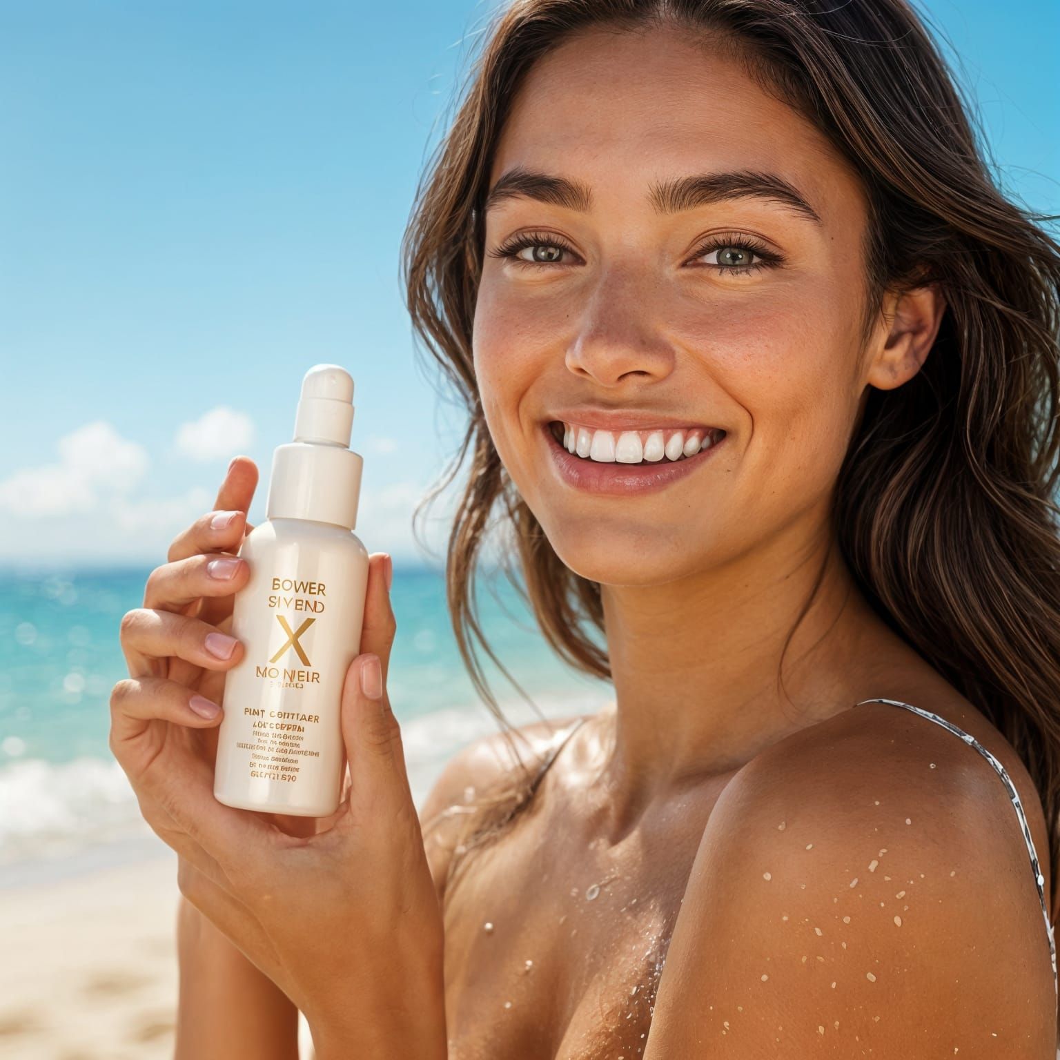 Woman Applying Tanning Lotion on Beach in Realistic Photo