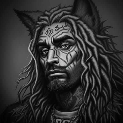 Moody Charcoal Wolf Cartoon Character with Marijuana Theme