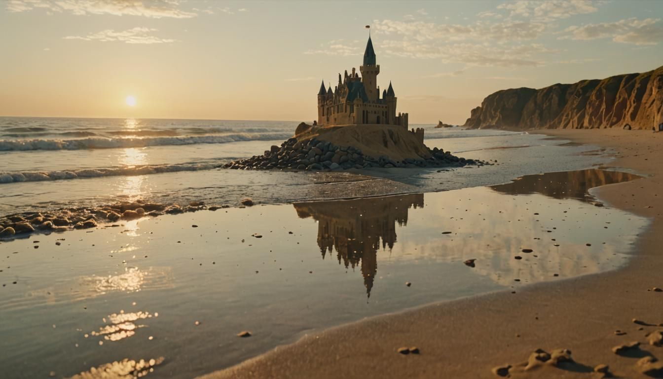 Miniature Sand Castle at Sunrise in Impressionist Style