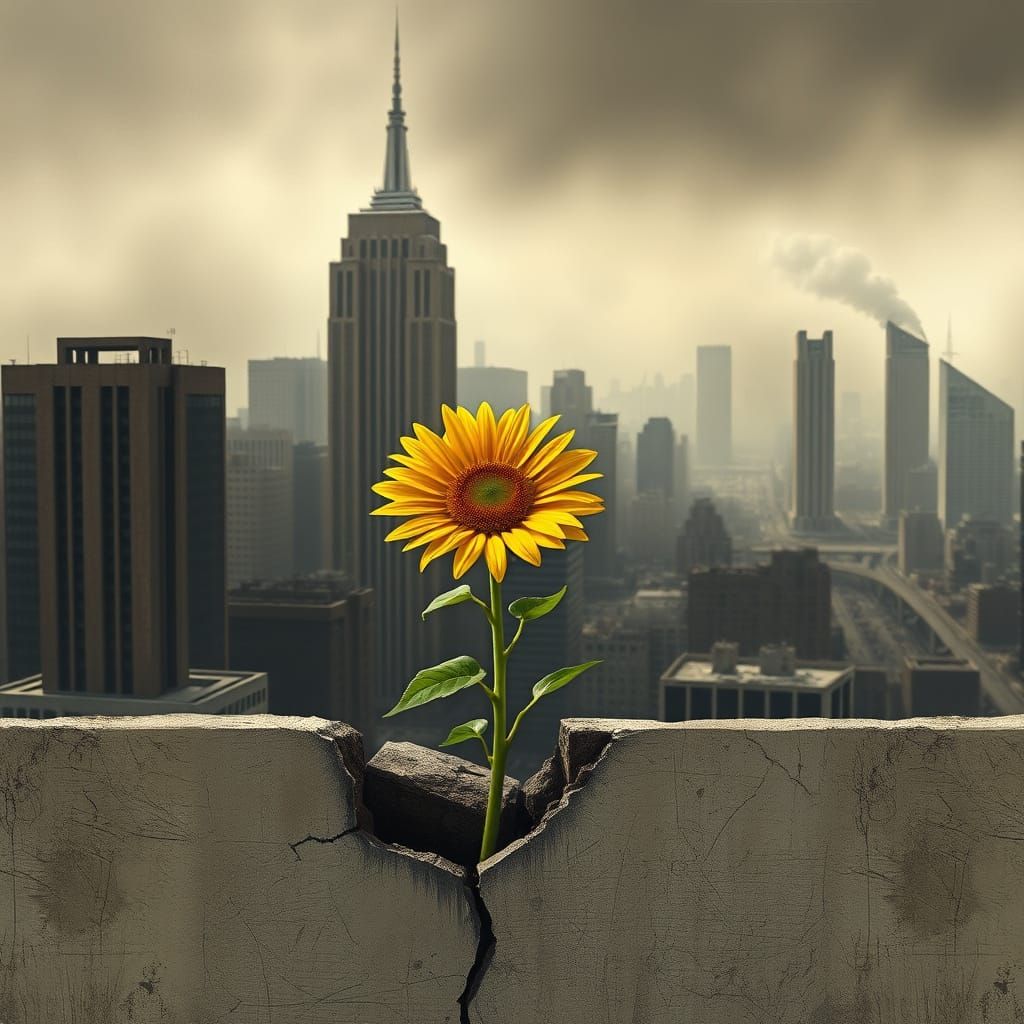 Sunflower Sprouts in Dystopian City, Gritty Realism Style