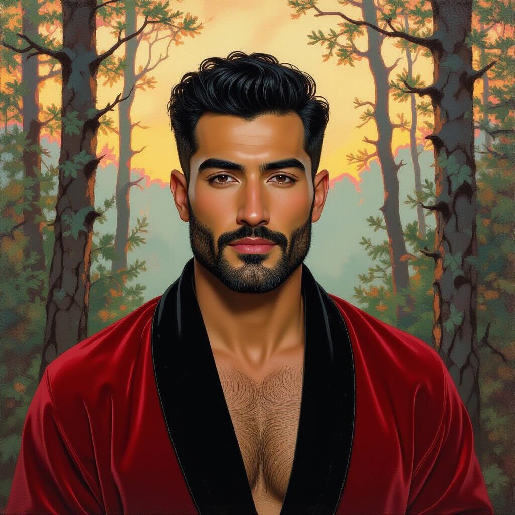 Fierce Man in Velvet Robe: Klimt-Inspired Portrait