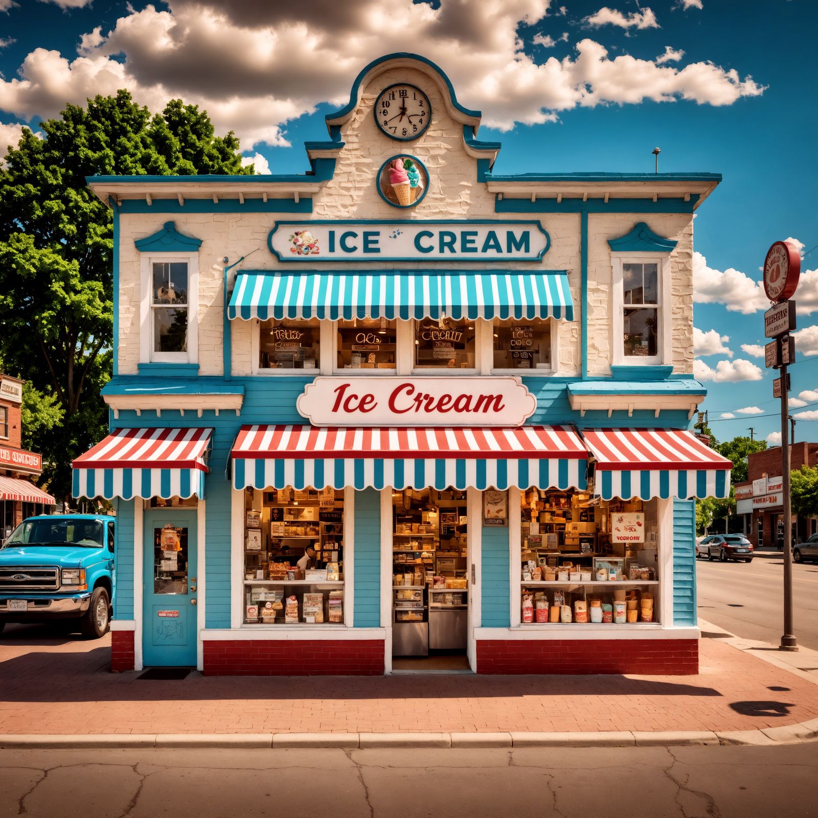 Whimsical Small Town Ice Cream Shop in Vibrant Hyperrealisti...
