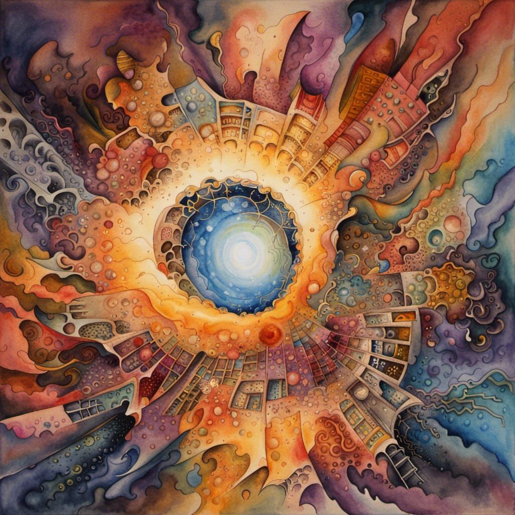 Watercolor masterpiece painting Apocalyptic explosion Fantasy abstract, surreal, fractal, by Gaudi, strange, weird deep ...