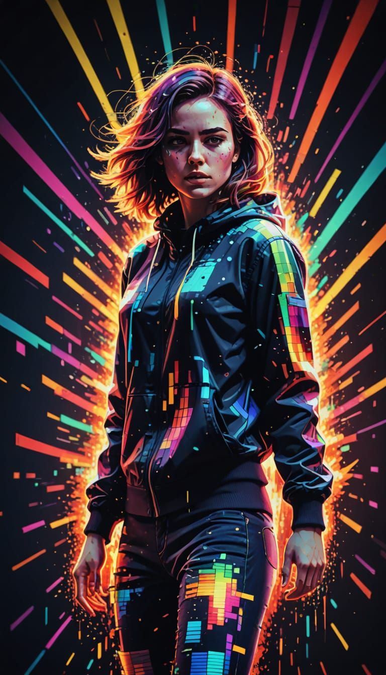 Vintage Neon Pixel Art of Woman Exploding