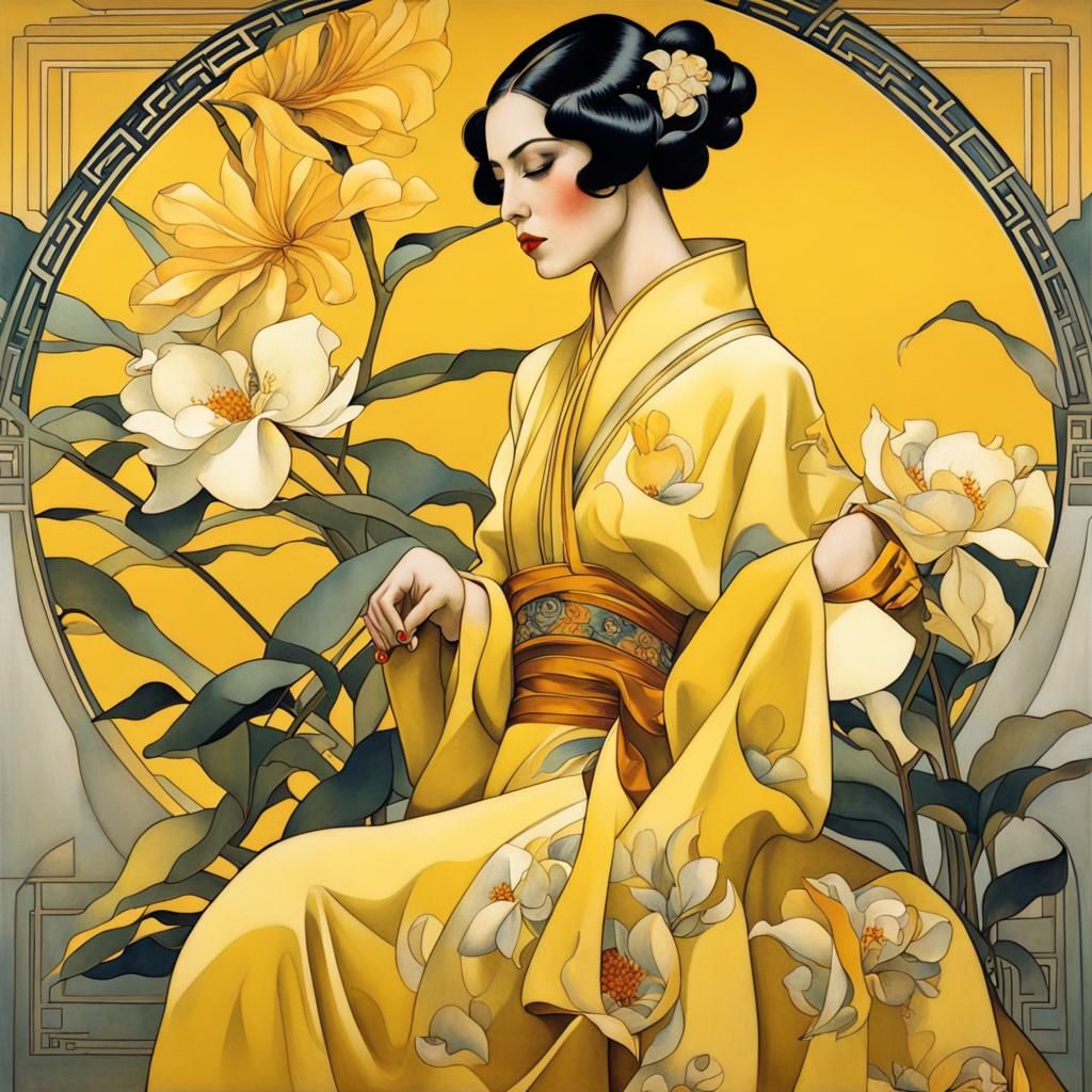 Art Deco Chinese Lady in Yellow Hanfu