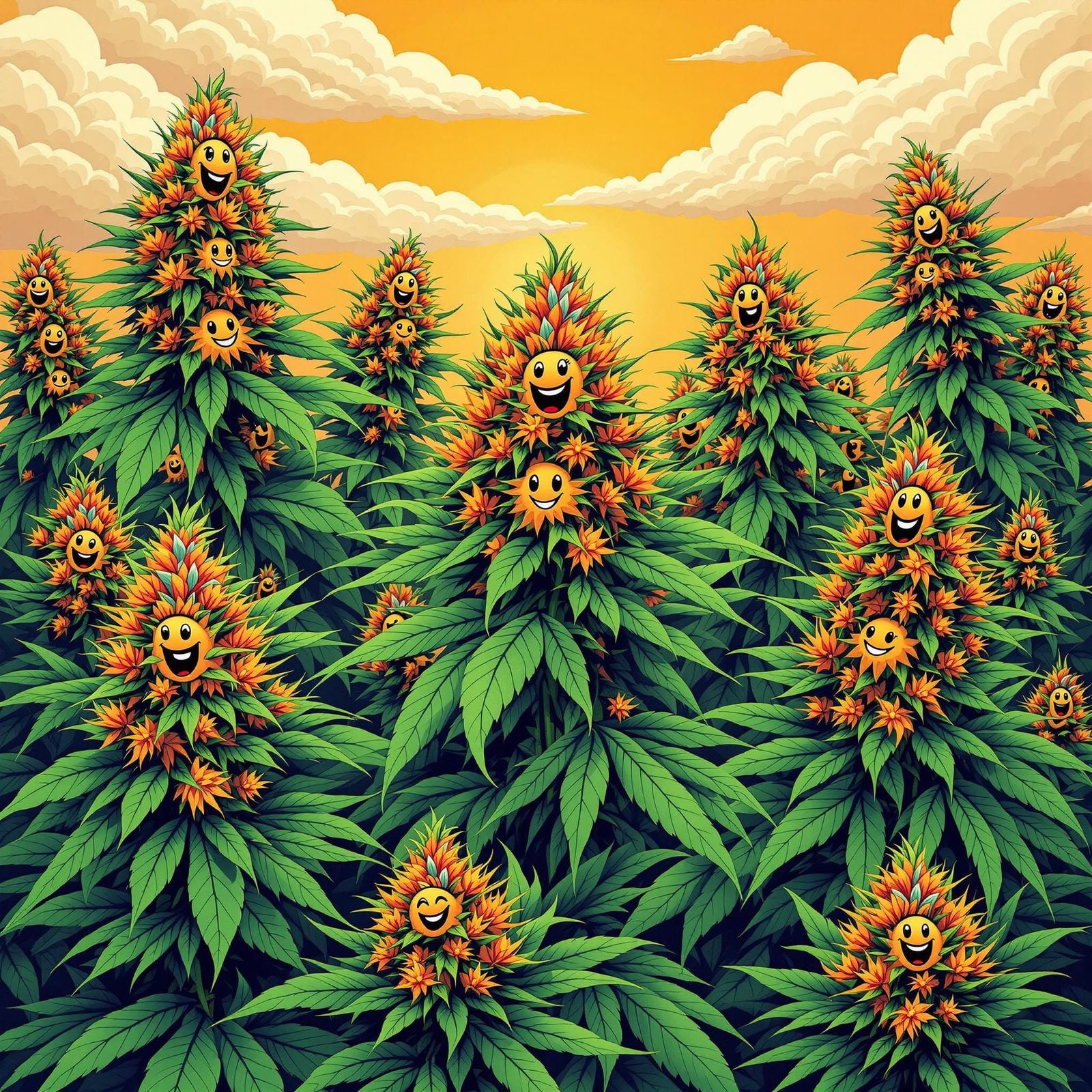 Colorful Marijuana Buds with Smiling Faces