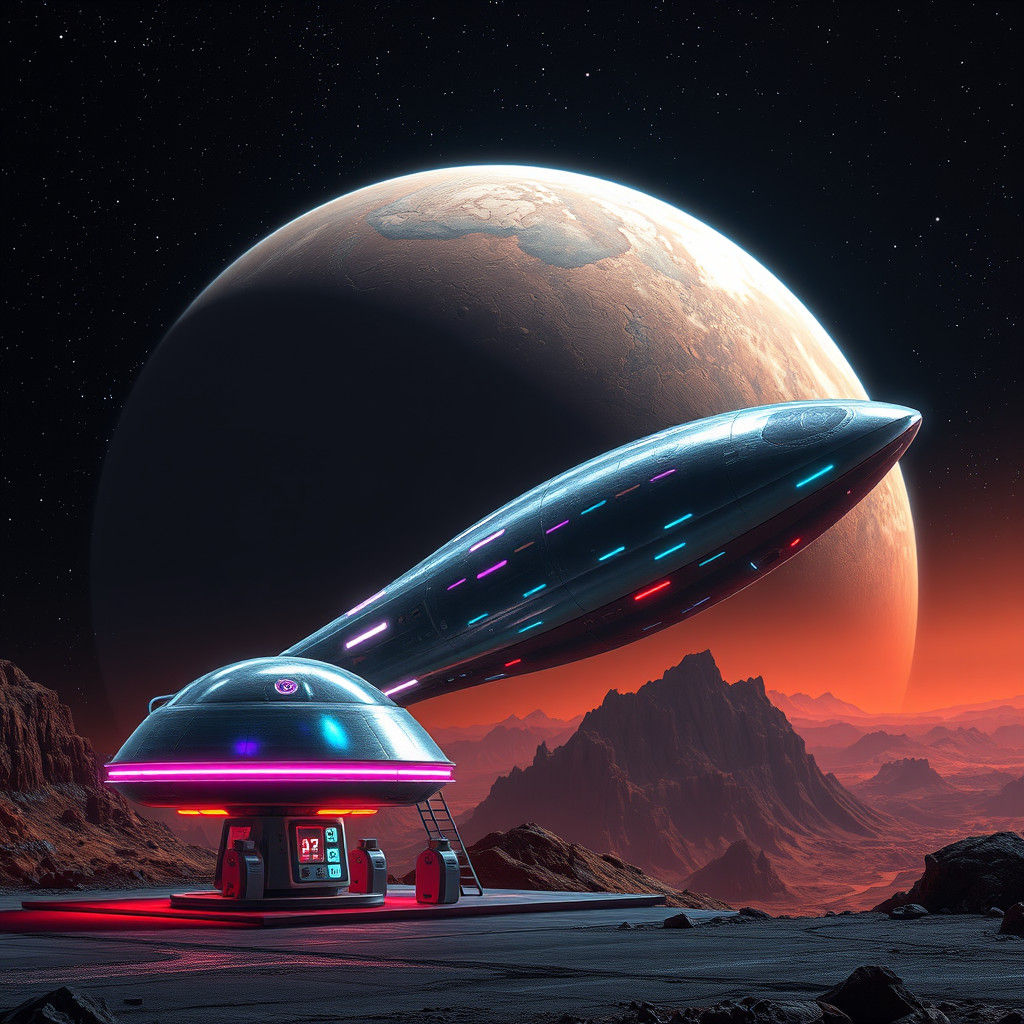 Futuristic Spaceship at Alien Fuel Station