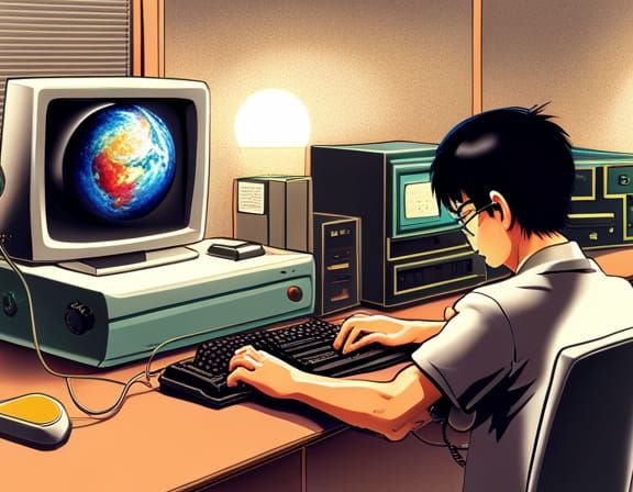 Retro Computers with Code in Anime Style