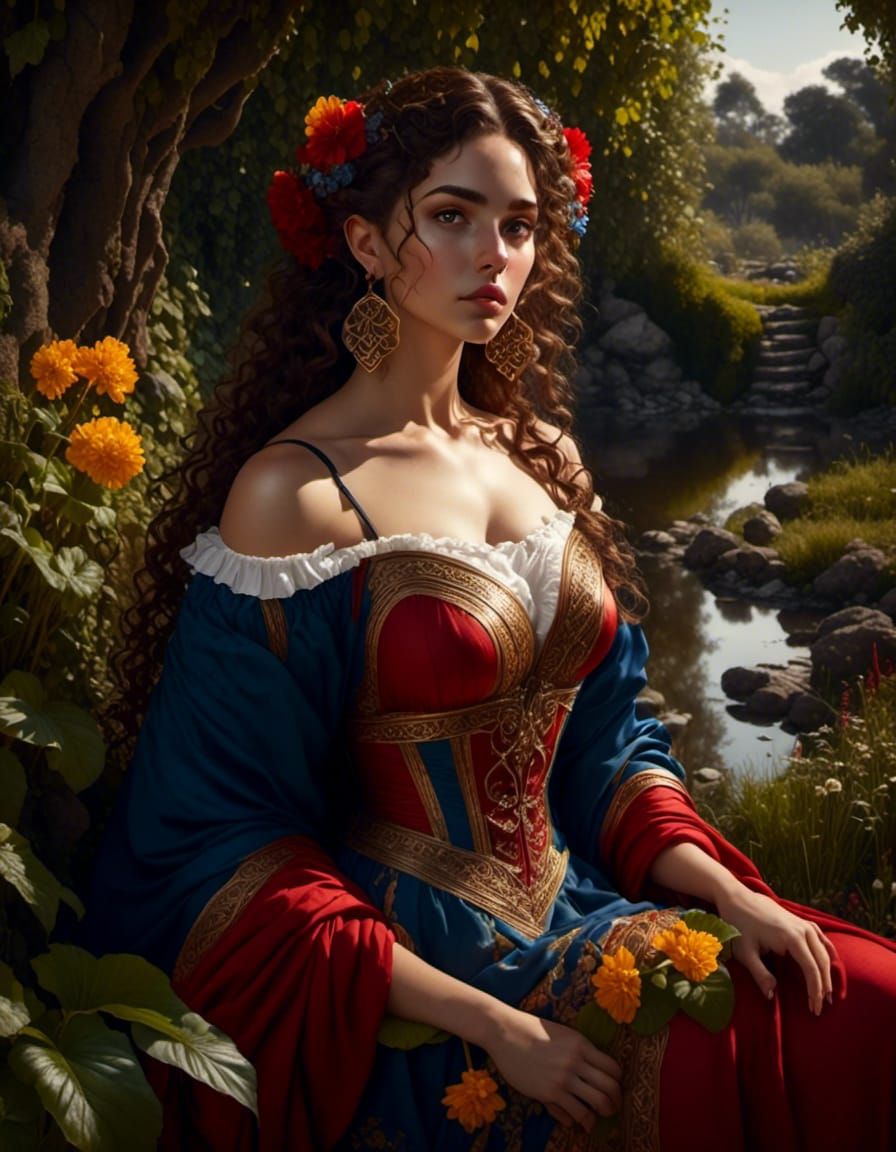 Greek Woman in Garden Pond: Caravaggio-Style Oil Painting