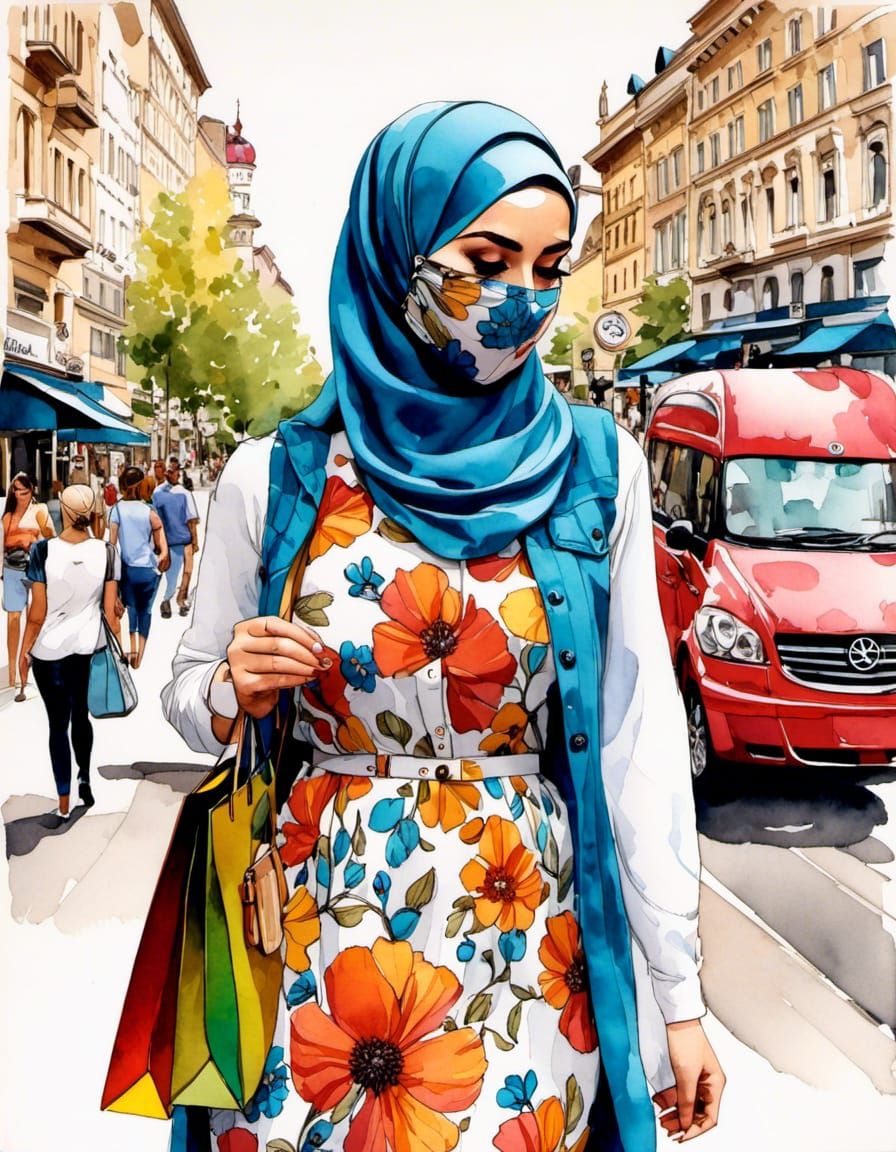 Curvy Hijabi Woman Shopping in City Watercolor