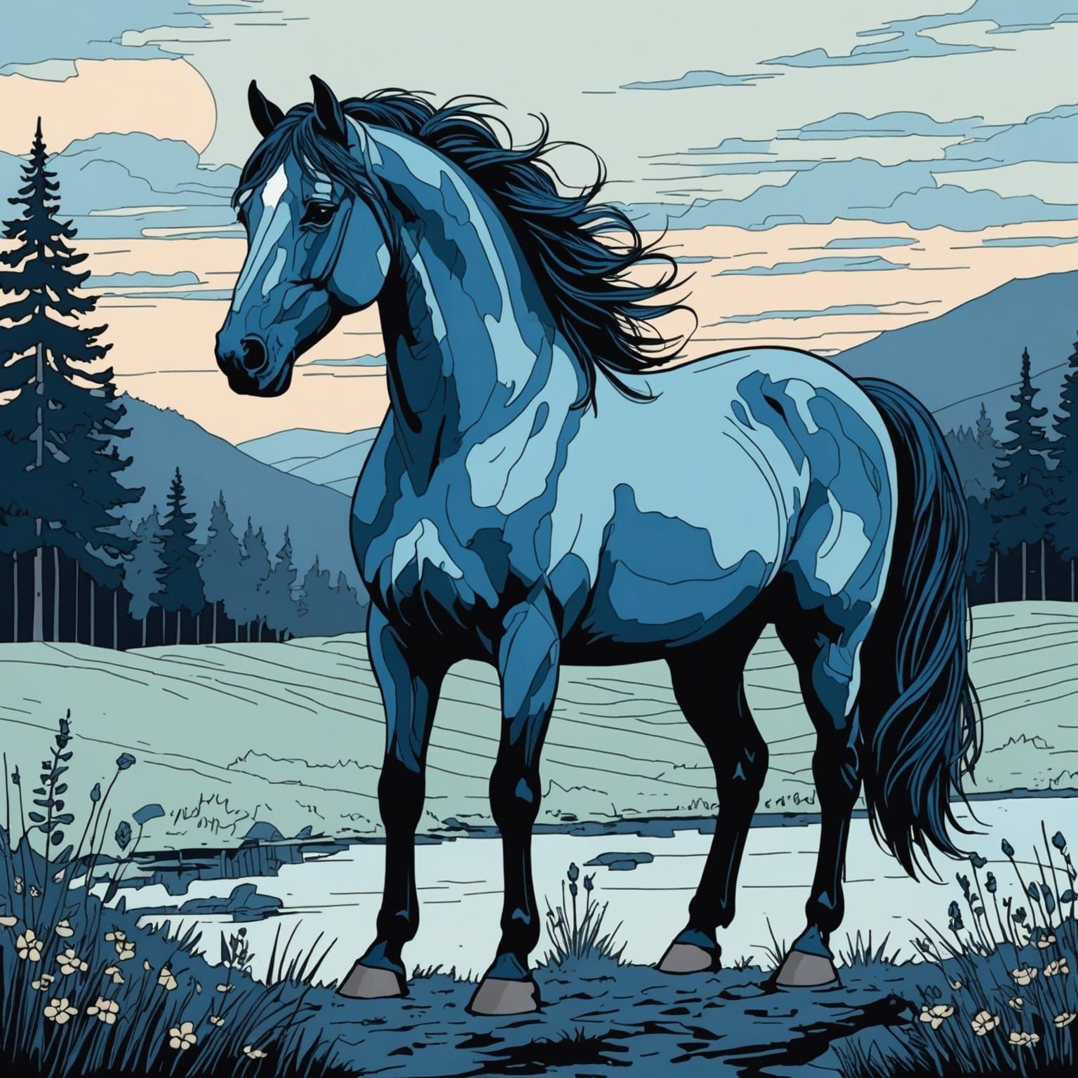 Blue Horse Illustration in Graphic Novel Style