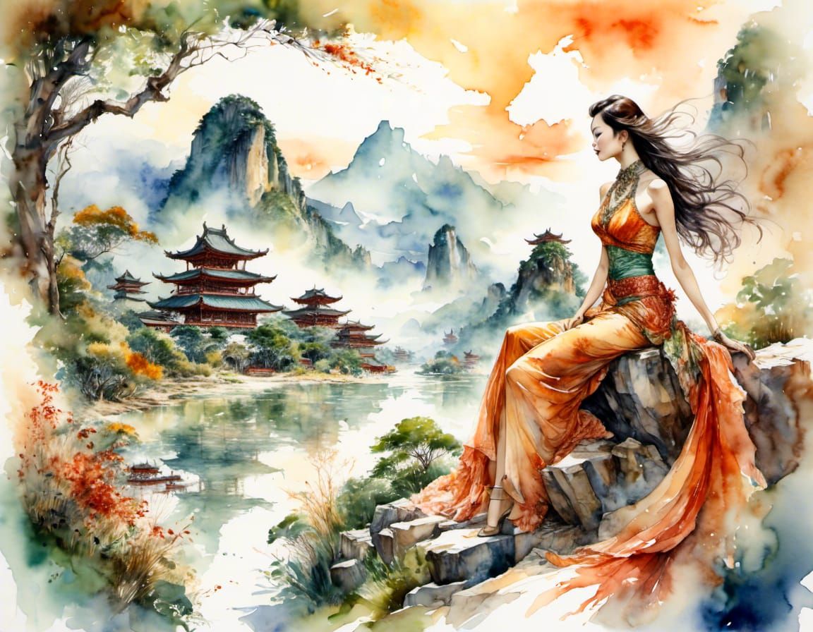 Mythological Phoenix Double Exposure in Vietnamese Landscape