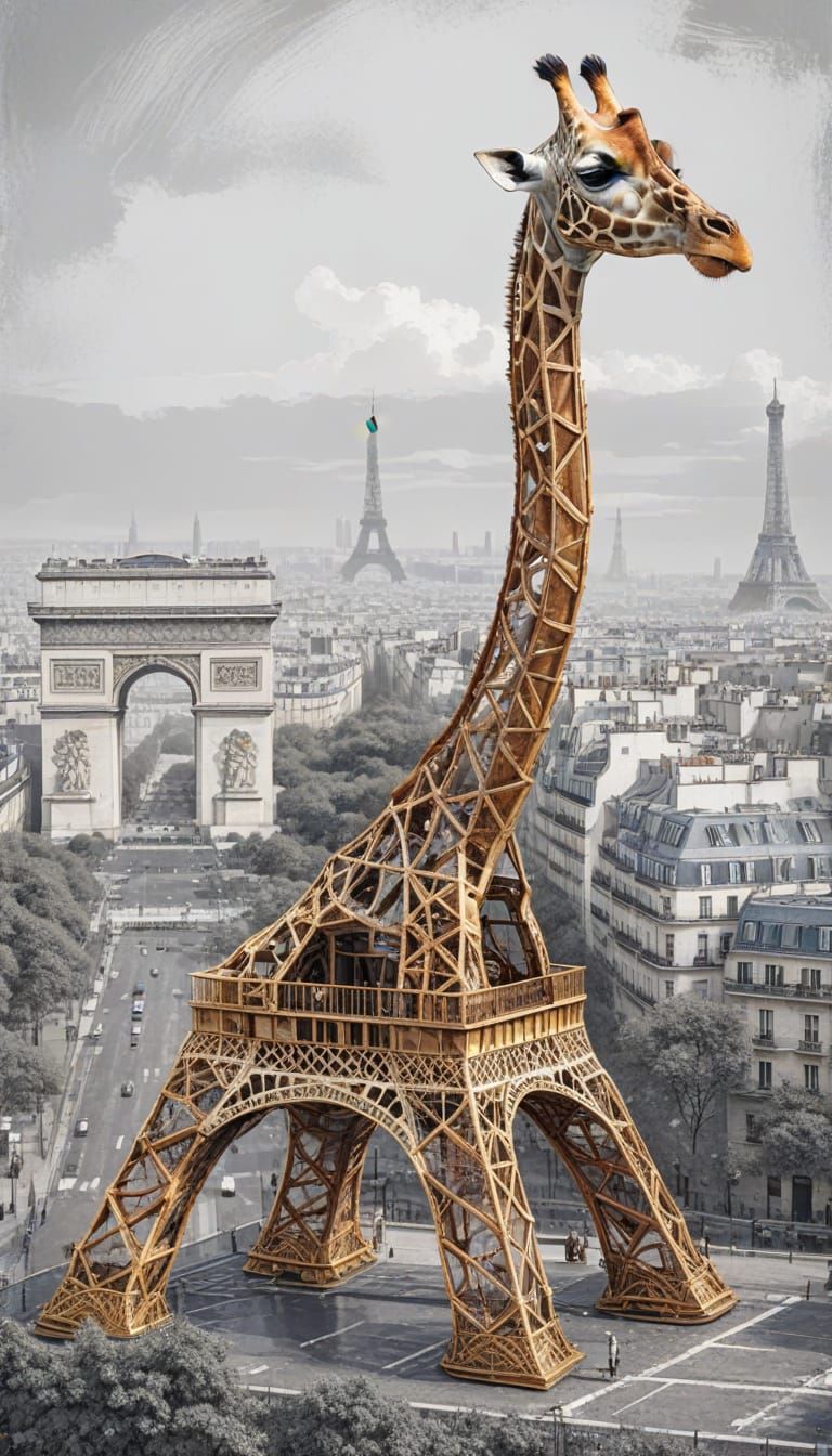Eiffel Tower Giraffe in Paris: A Whimsical Digital Painting