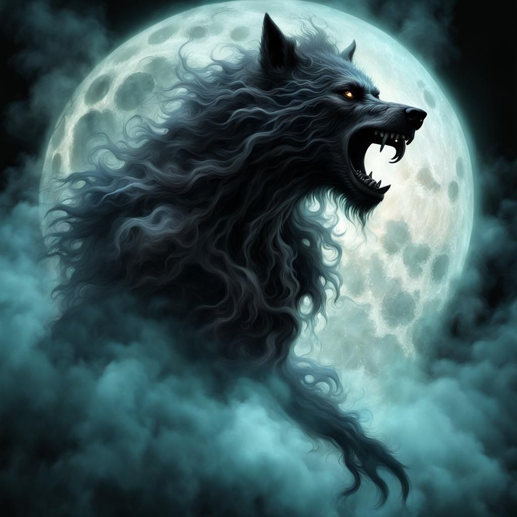 Ethereal Black Werewolf Ghost with Bioluminescent Moon