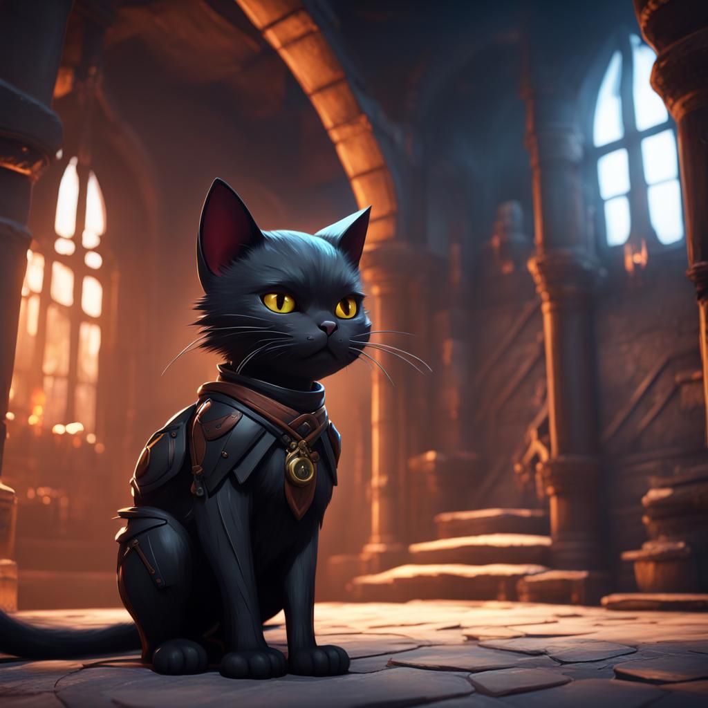 Cute Black Cat Assassin in Dungeon Concept Art