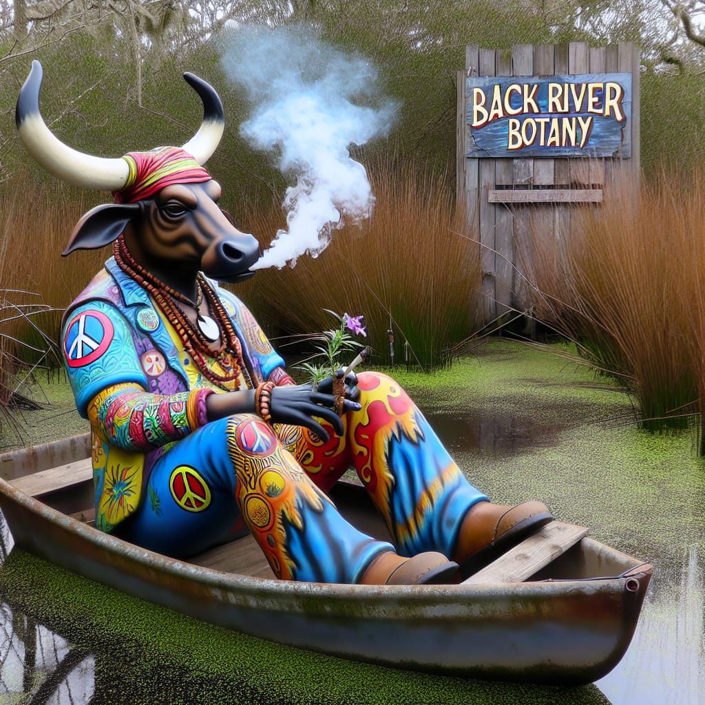 Hippie Bull Smoking Cannabis on a Marsh Boat