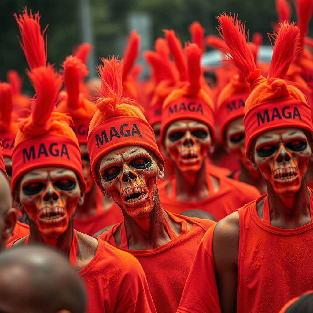 Dystopian Zombie Crowd in Red Hats