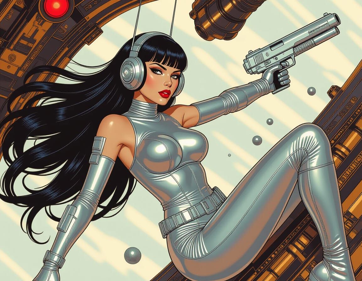 Sci-Fi Woman in Silver Bodysuit in Space