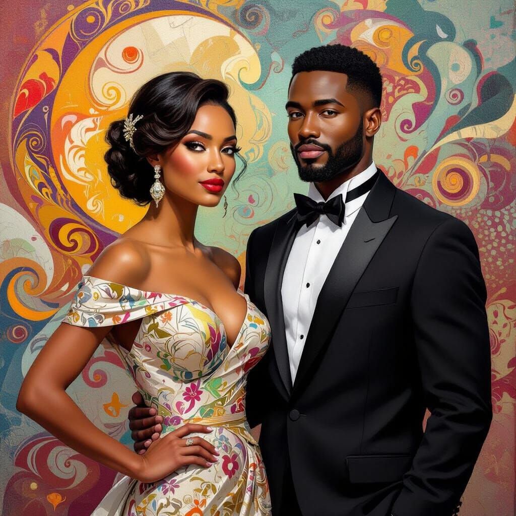 Elegant Couple Poses Against Vibrant Abstract Background