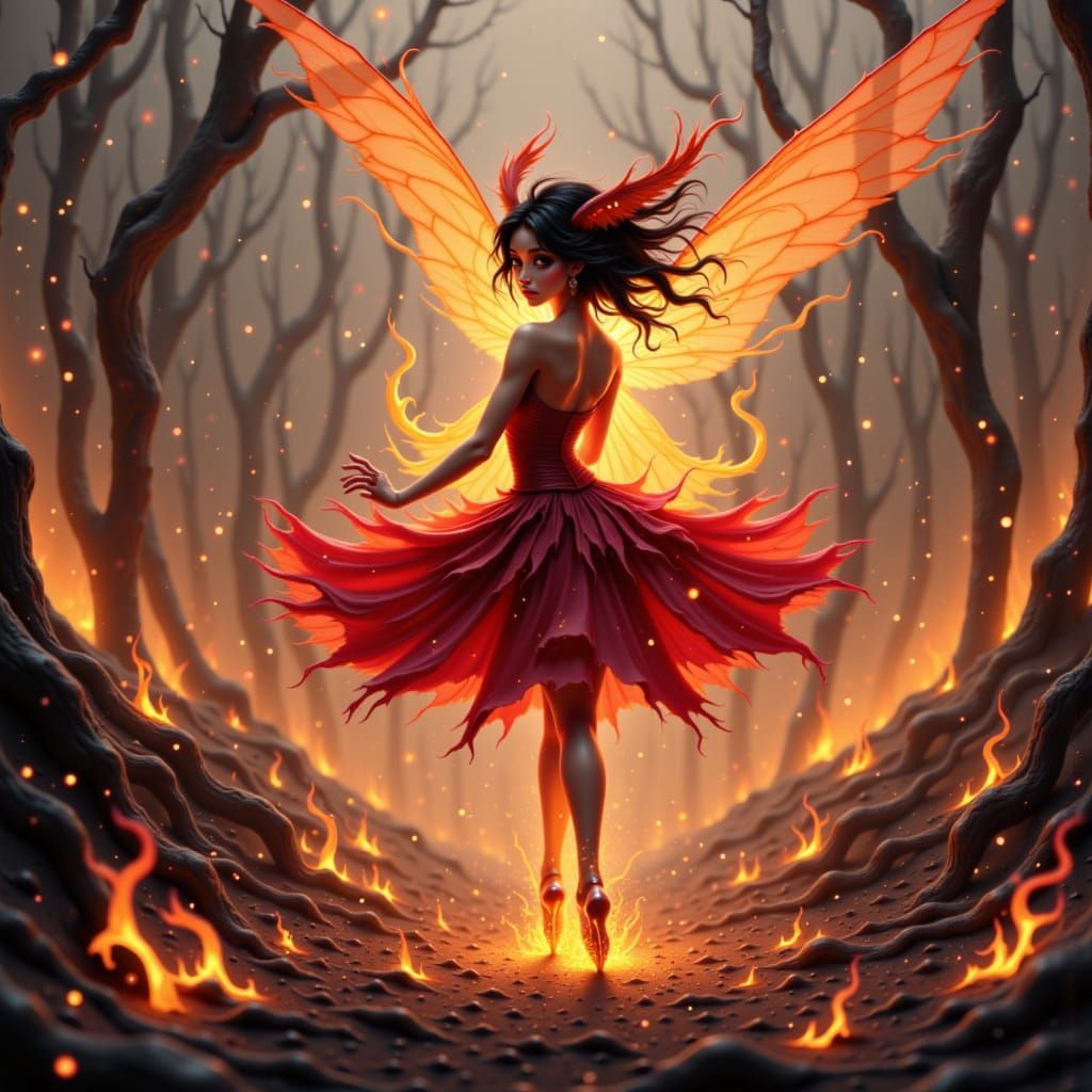 Fiery Sprite Dances in Charred Landscape: Anime Style