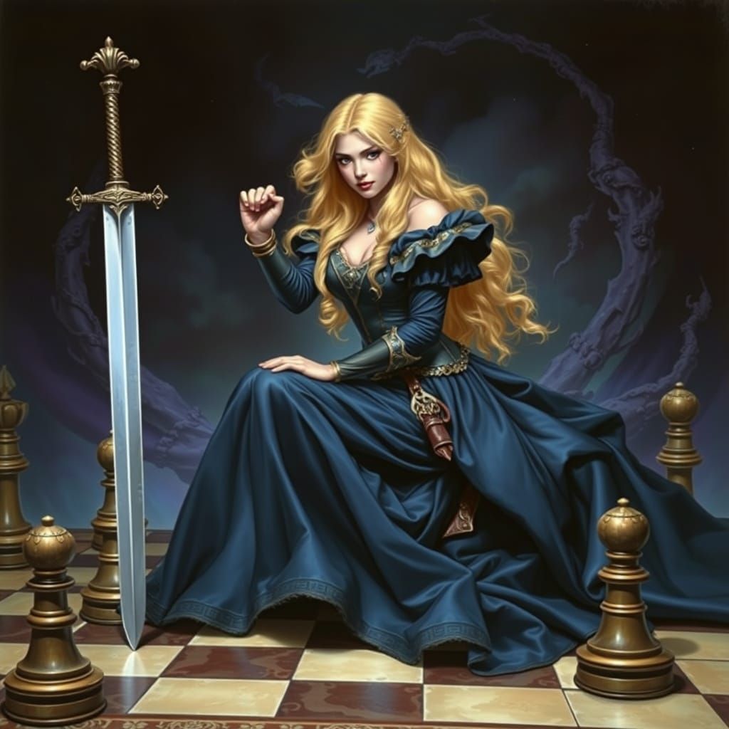 Medieval Princess with Sword on Chessboard in Fantasy Style