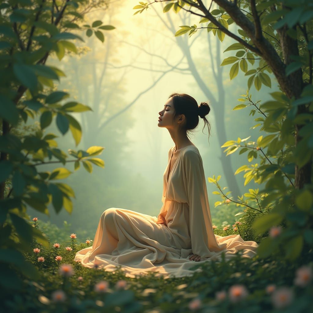 Meditative Woman in Nature, Futuristic Minimalist Style