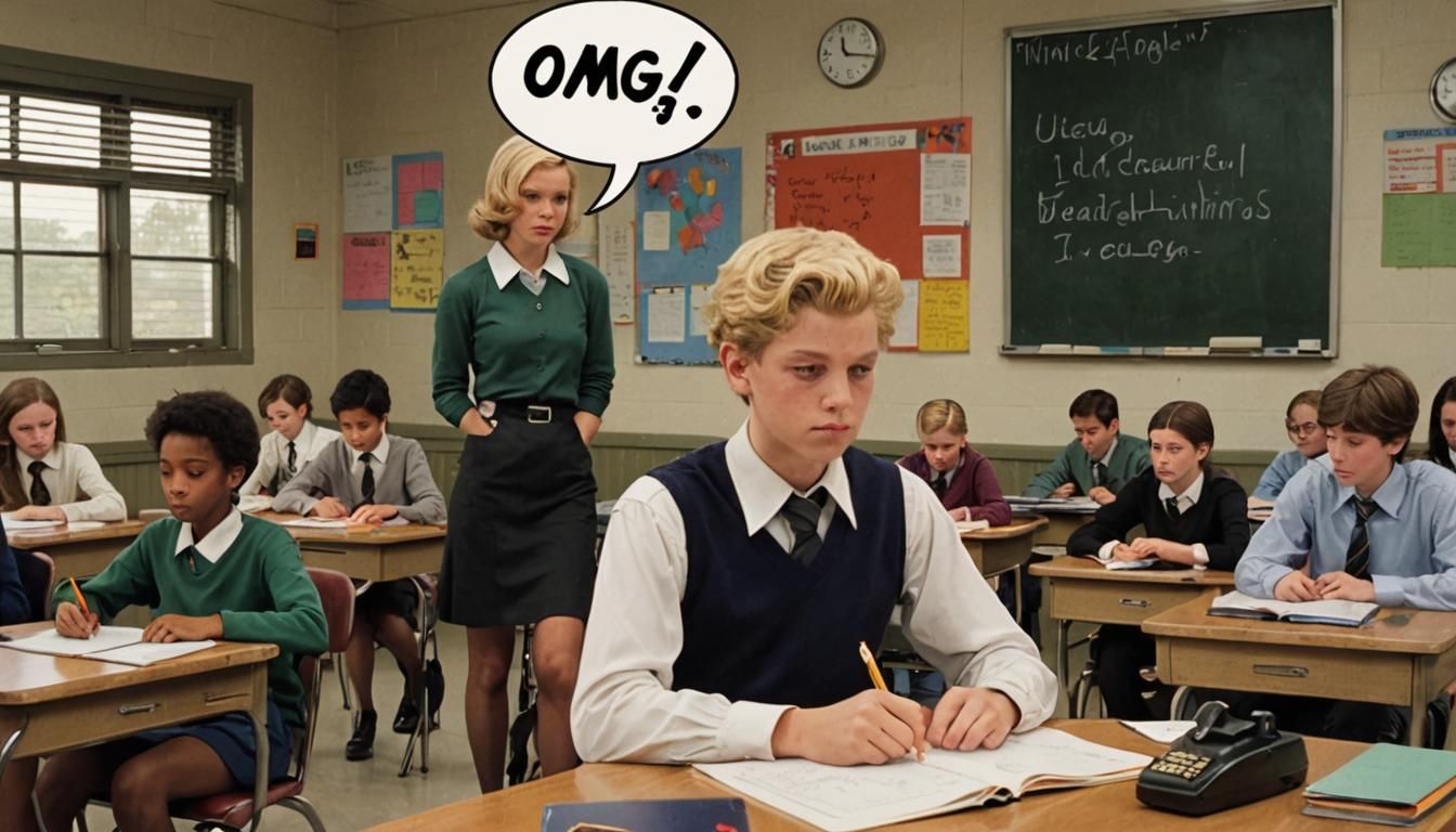 Charlie Brown sits in a school classroom. Thinking about his teacher.