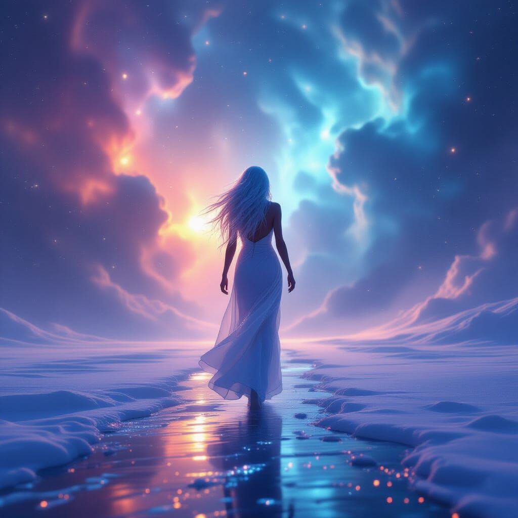 Ethereal Figure in Cosmic Nebula, Digital Matte Painting