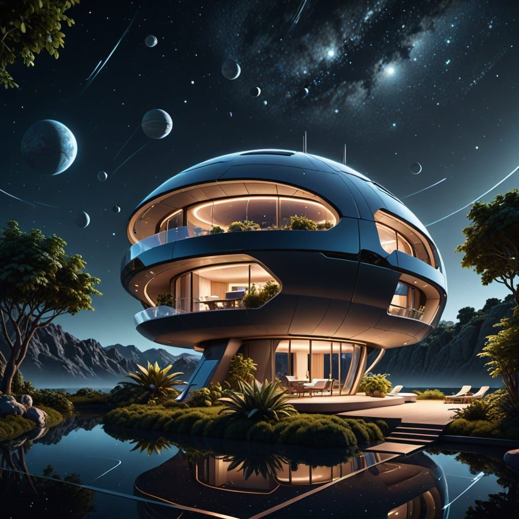 Futuristic Home in Space with Solar Panels