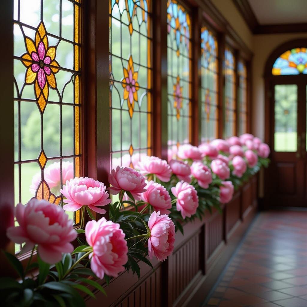 Pink Peonies Line Sunlit Stained Glass Hallway