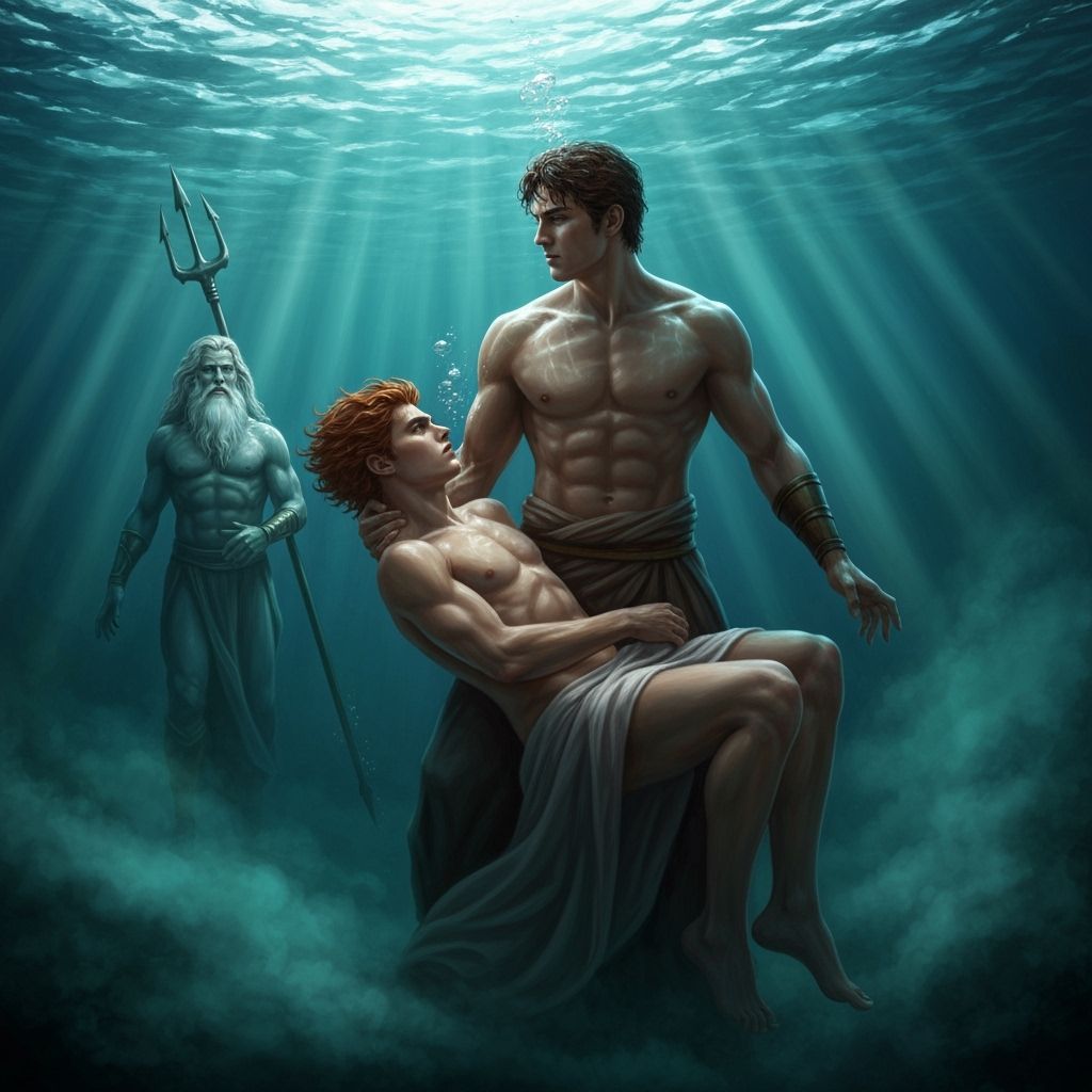 Theseus Battles Medus Under Poseidon's Gaze