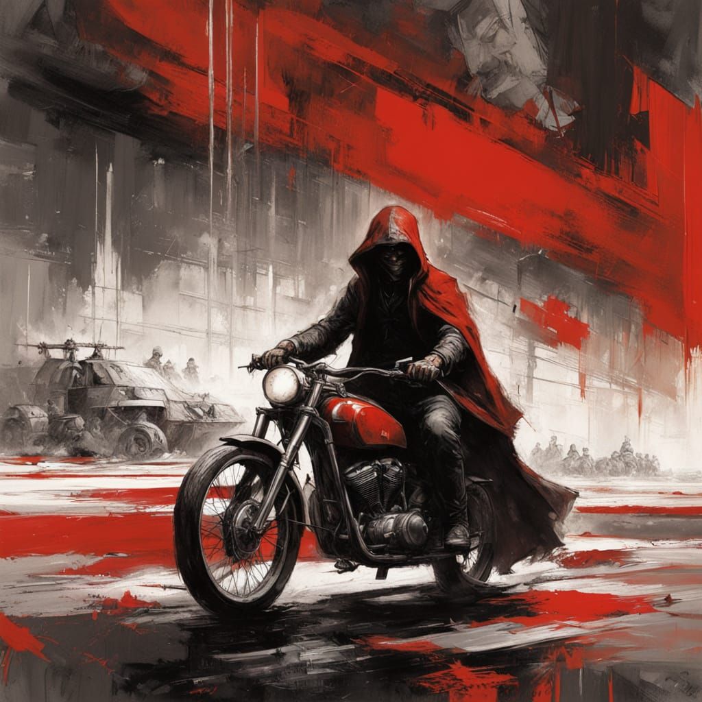 Hooded Rider on Chopper in Impasto Style