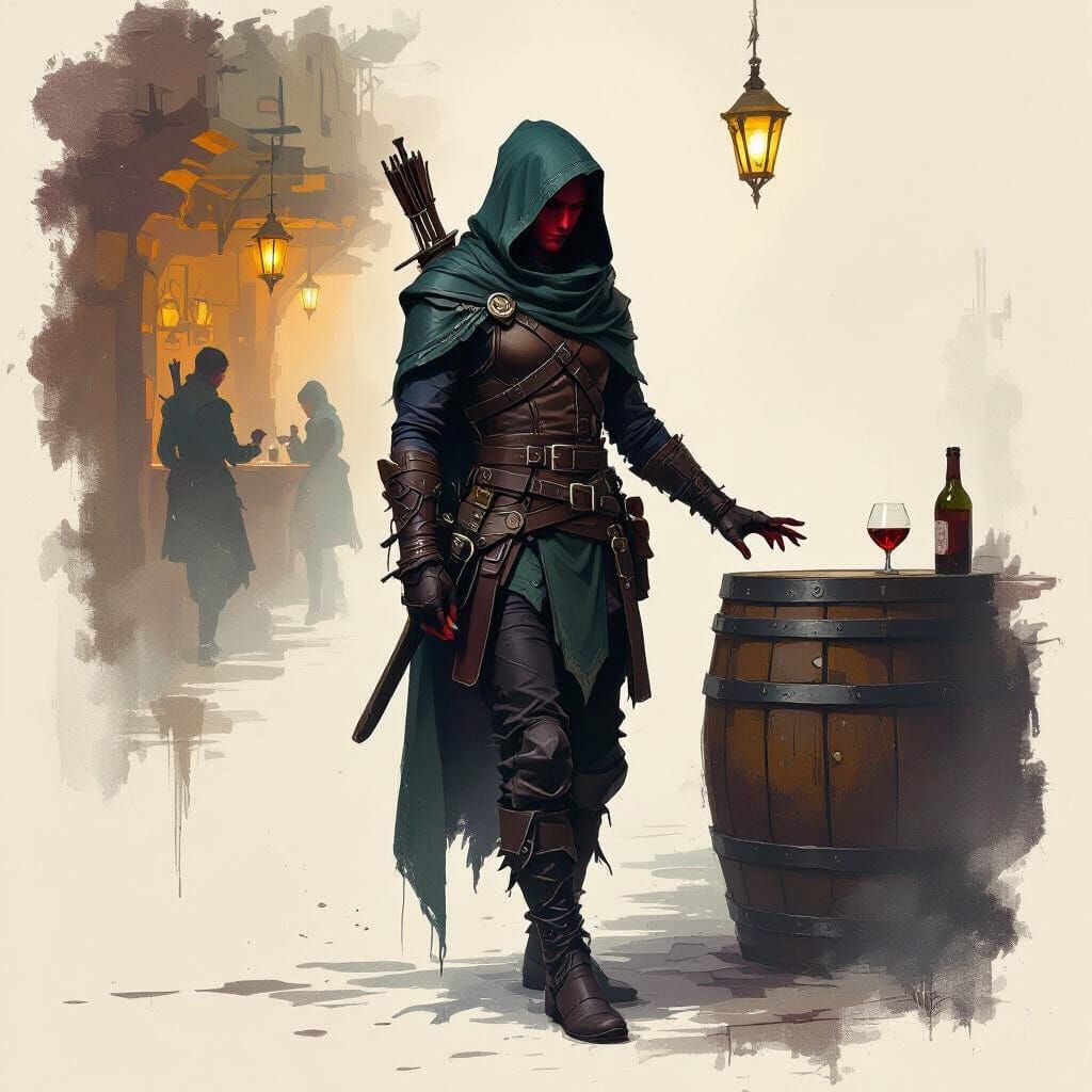Tiefling Rogue in Shadowy Fantasy Tavern