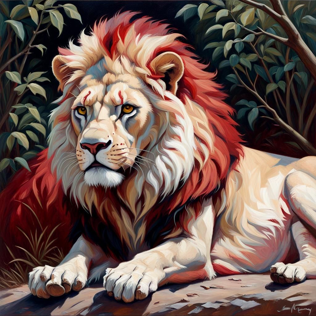Crimson and White Lion in Oil Painting Style