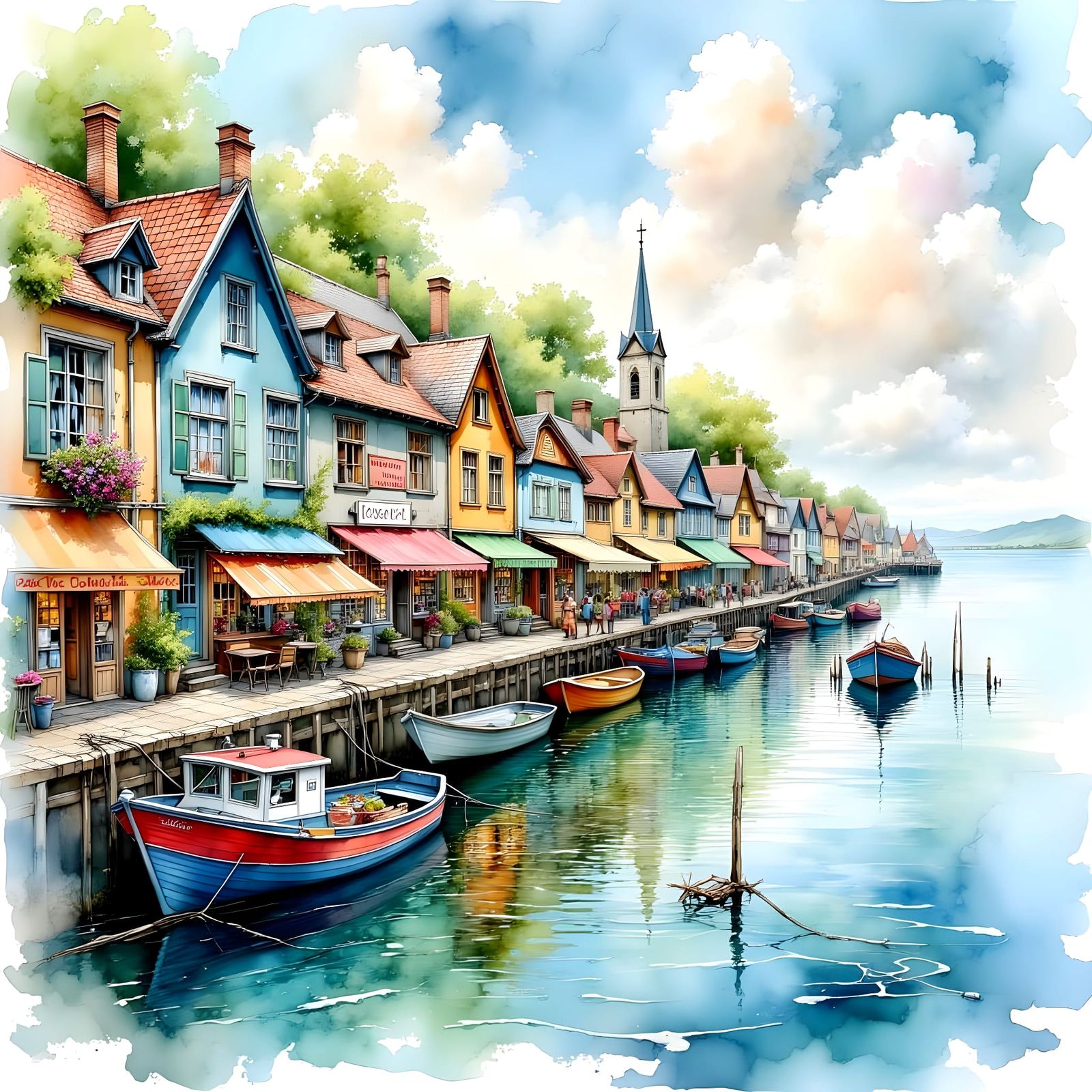 Whimsical Harbour Scene in Watercolour Style