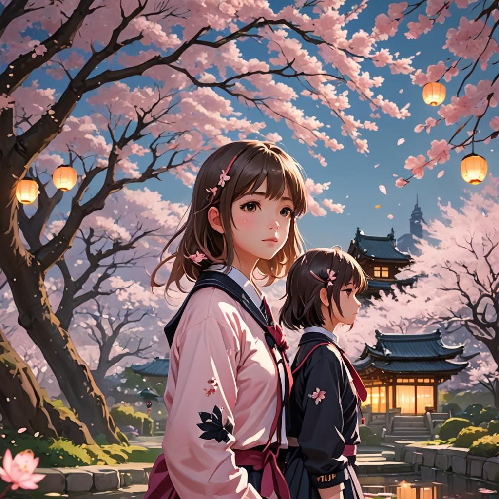 Anime Girl Watching Cherry Blossoms in Japanese Garden