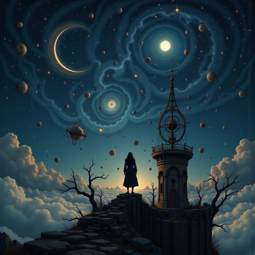 Solitary Figure Tends Clockwork Stars in Ancient Observatory