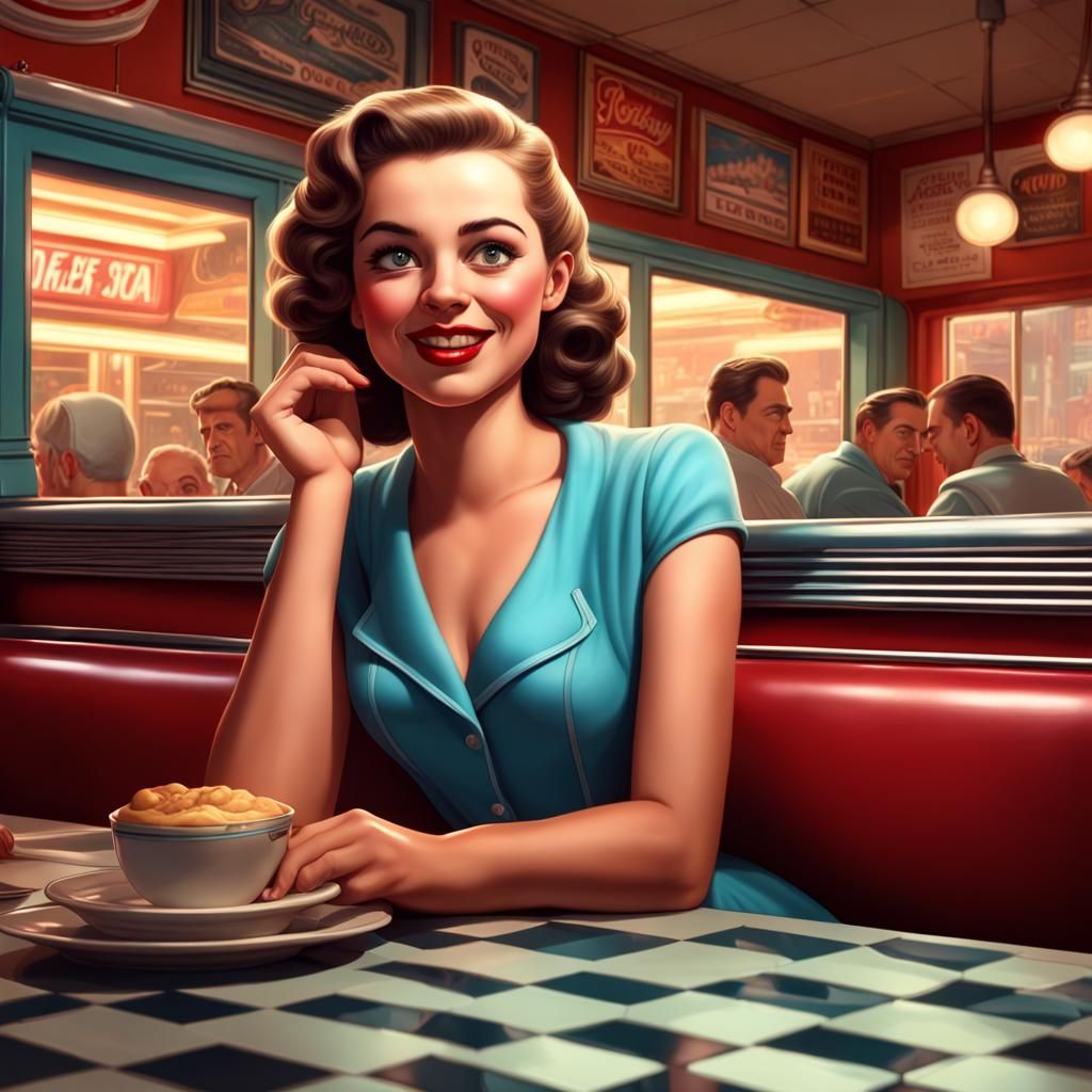 Classic 1950s Diner Scene with Smiling Girl