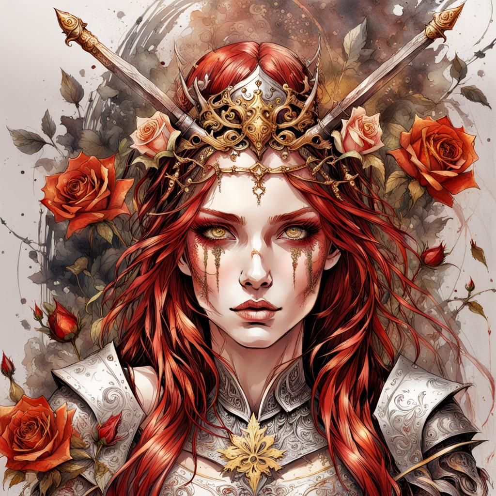 Crimson-Haired Princess in Silver Armor, Gothic Fairycore
