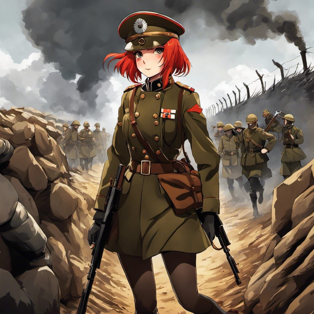 Anime Girl in WW1 Gas Mask in Trenches