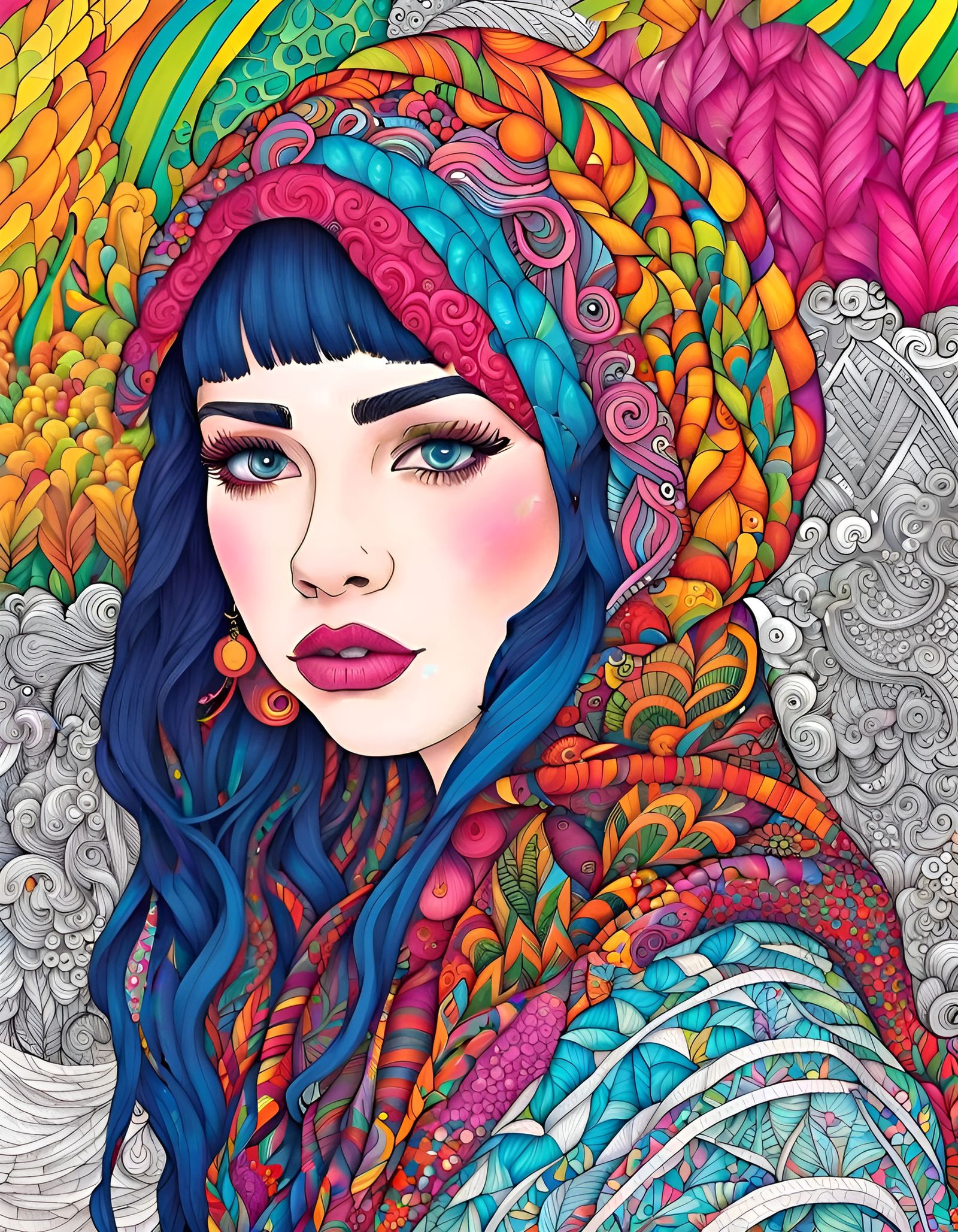 Detailed Zentangle Portrait in Contrasting Colors