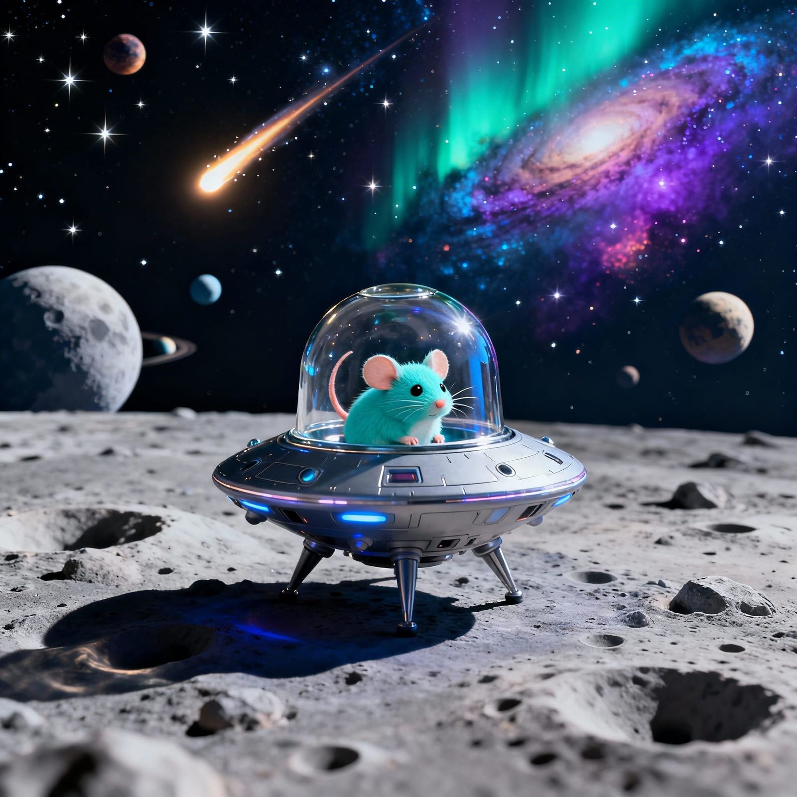 Alien Spaceship with Chibi Mouse on Moon