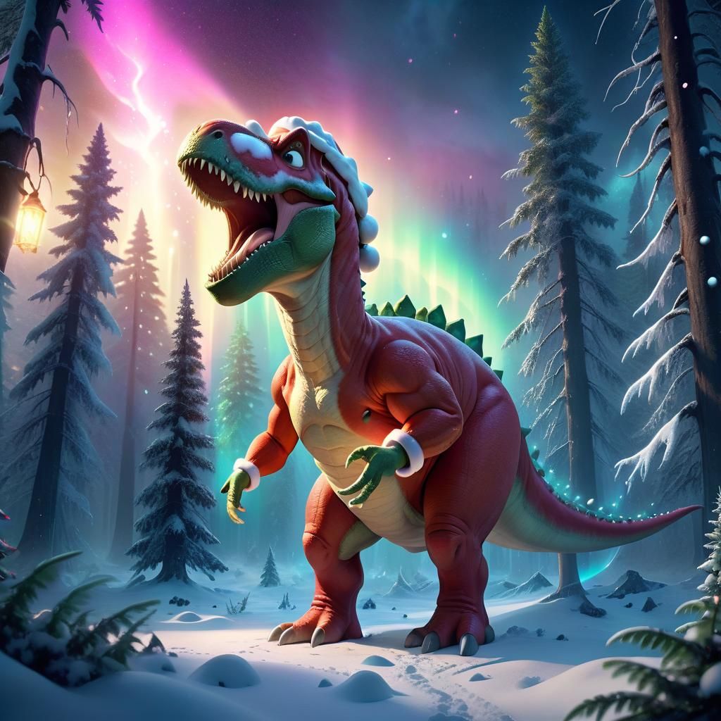 Dinosaur Santa in Whimsical Winter Wonderland